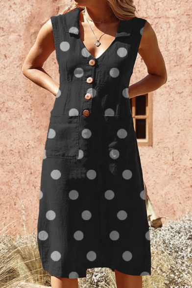 Classic Fashion Polka Dot Printed V-Neck Sleeveless Button Front Midi A-Line Dress
