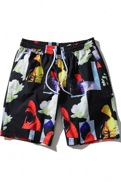 Cool Abstract Floral Printed Mens Cotton Black Quick Dry Board Shorts