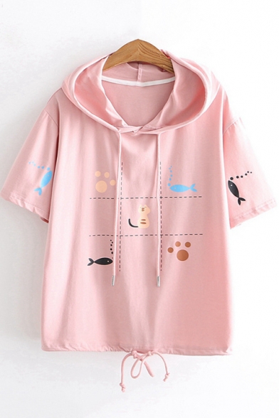 Cute Cartoon Cat Fish Printed Drawstring Hem Short Sleeve Hooded T-Shirt