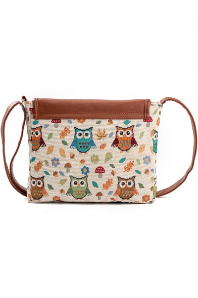 Cute Cartoon Owl Painted Khaki Canvas Long Strap Crossbody Bag 23*4*20 CM