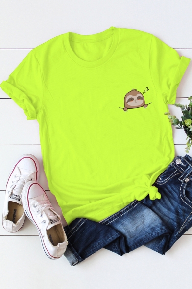 Cute Cartoon Sleeping Sloth Printed Round Neck Short Sleeve Cotton Loose T-Shirt