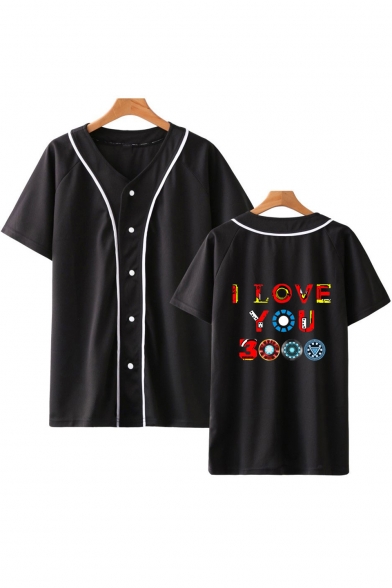 Fashion Contrast Piping Colorful Letter I Love You 3000 Short Sleeve Unisex Casual Baseball Shirt