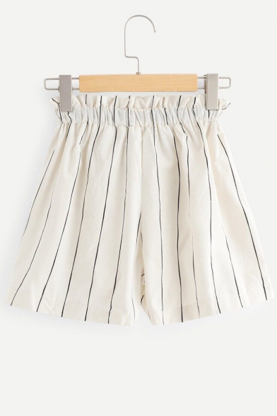Fashion Vertical Stripe Printed Bow-Tied Drawstring Waist White Casual Paperbag Shorts for Women