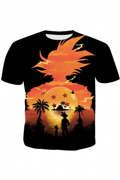 Funny Comic Character Sunset Print Round Neck Short Sleeve Basic Casual Black T-Shirt For Men