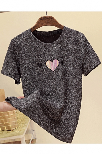 Girls Summer Sweet Heart Printed Loose Fit Glitter Silk T-Shirt