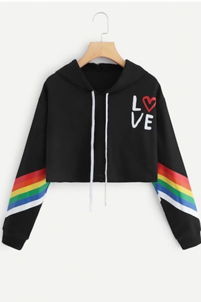 Heart LOVE Letter Print Rainbow Long Sleeve Cropped Hoodie