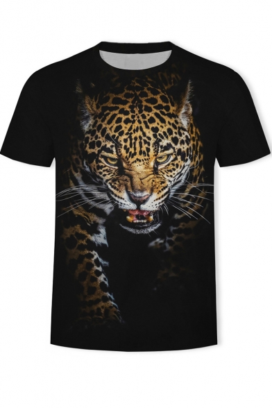 Hot Fashion 3D Leopard Printed Basic Round Neck Short Sleeve Black T-Shirt For Men