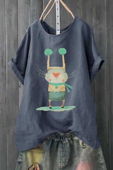 Hot Fashion Cartoon Mouse Printed Short Sleeve Round Neck Loose Tee For Women