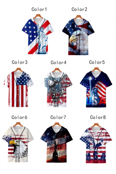 Independence Day Stylish Flag Print V-Neck Short Sleeve Button Down Casual Baseball Shirt