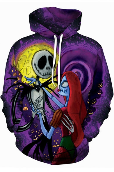 Jack Skellington Comic Figure Printed Long Sleeve Purple Hoodie
