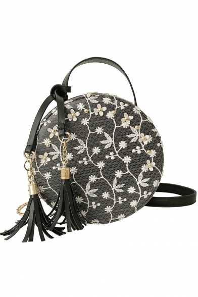 Ladies Elegant Lace Floral Pattern Rivet Embellishment Fringe Round Crossbody Bag 18*8*18 CM