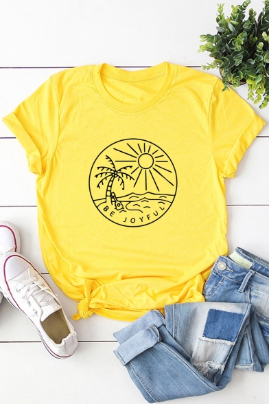 Letter BE JOYFUL Graphic Printed Short Sleeve Round Neck Cotton Tee