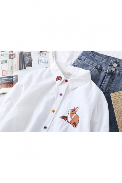 Lovely Cartoon Rabbit Embroidery Colorful Button Down Long Sleeve Shirt