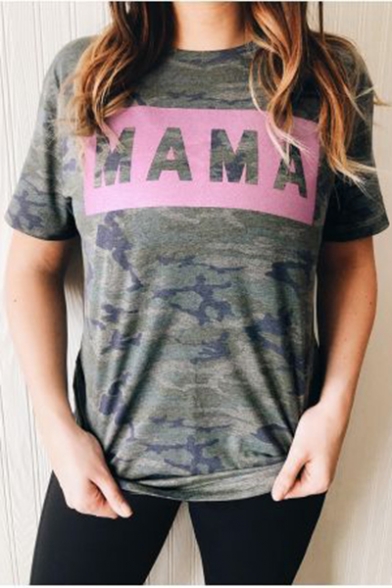 MAMA Letter Army Green Camouflage Round Neck Short Sleeve Tee
