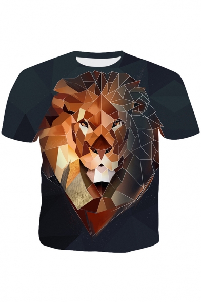 Men's Summer Hot Popular 3D Geometric Lion Printed Round Neck Short Sleeve Black Casual Slim Fit T-Shirt