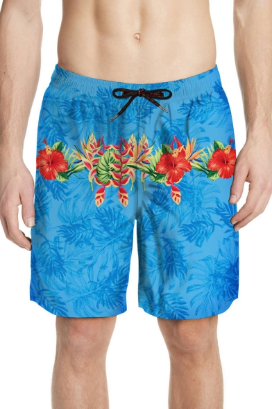 Men's Summer Tropical Floral Print Drawstring Waist Blue Swim Trunks with Liner