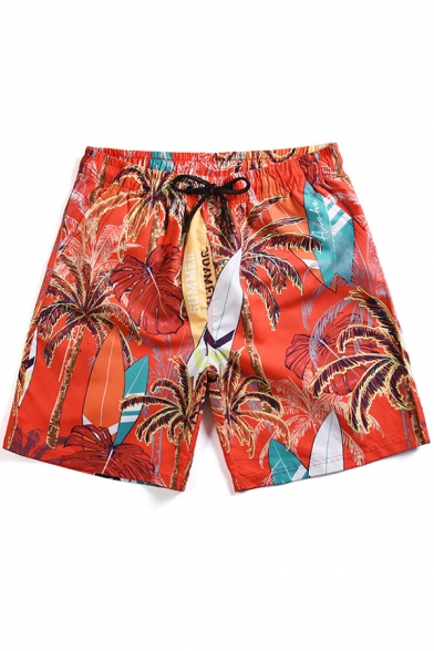 Mens Fashion Swim Trunks Plant Tropical Print Bathing Shorts with Drawcord