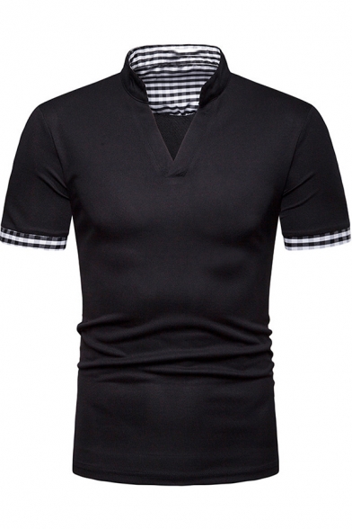 Mens Stylish Plaid Patched Short Sleeve Henley V-Neck Slim Fit Polo Shirt