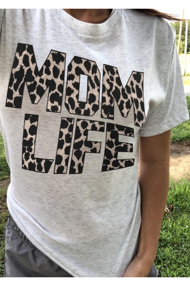 Mom Life Letter Leopard Printed Round Neck Short Sleeve Cotton Light Grey Tee