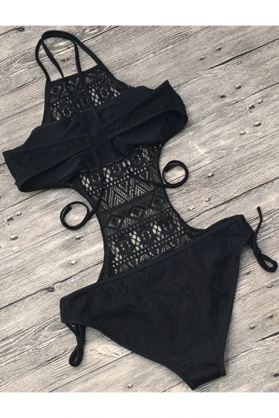 New Arrival Crochet Hollow Out Halter Neck Sexy Black Open Back One Piece Swimwear