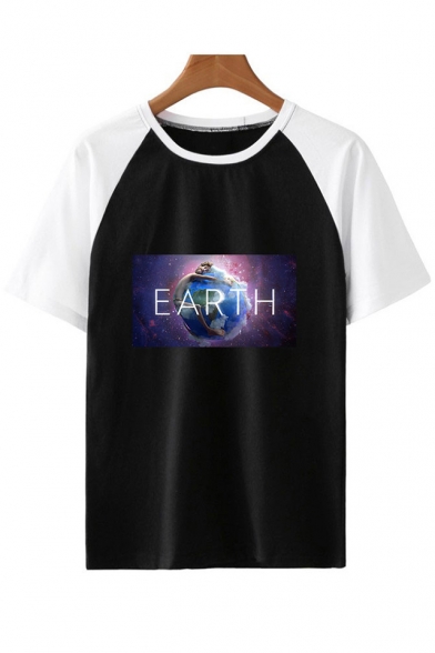 New Fashion Colorblock Short Sleeve Galaxy Earth Print Unisex T-Shirt