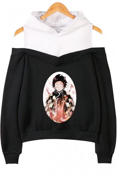 New Fashion Comic Character Printed Cold Shoulder Long Sleeve Hoodie