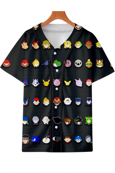 New Fashion Comic Character Printed Short Sleeve V-Neck Button Down Black Unisex Baseball Shirt