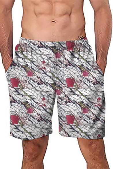 New Fashion Rose Floral Pattern Mens Beach Casual Loose Swim Shorts