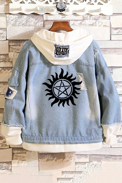 New Stylish Logo Printed Patched Hooded Long Sleeve Casual Blue Denim Jacket