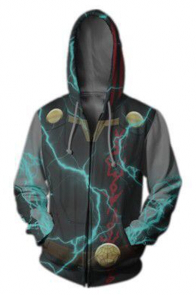 New Stylish Popular Lightning 3D Printed Long Sleeve Zip Up Grey Hoodie