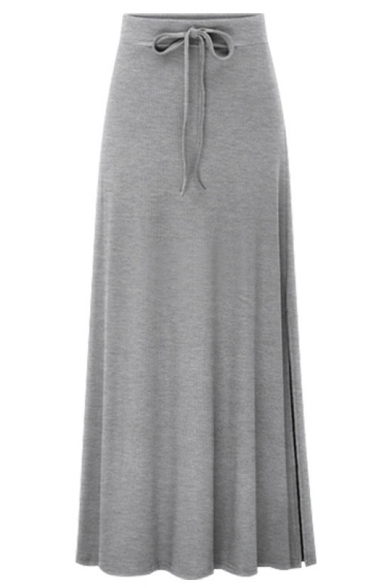 New Trendy Solid Color Tied Waist Split Side Maxi Slouch Pleated Skirt