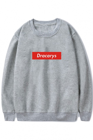 Popular Letter DRACARYS Print Basic Long Sleeve Round Neck Pullover Sweatshirt