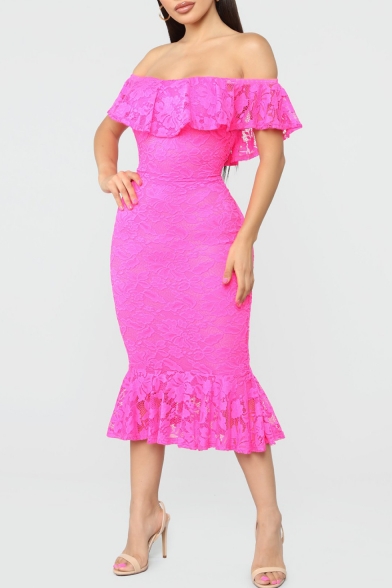 Sexy Trendy Off The Shoulder Sleeveless Plain Pattern Cut Out Lace Detail Midi Bodycon