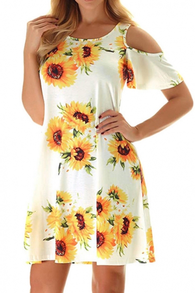Summer Allover Sunflower Printed Cold Shoulder Short Sleeve Mini A-Line Dress