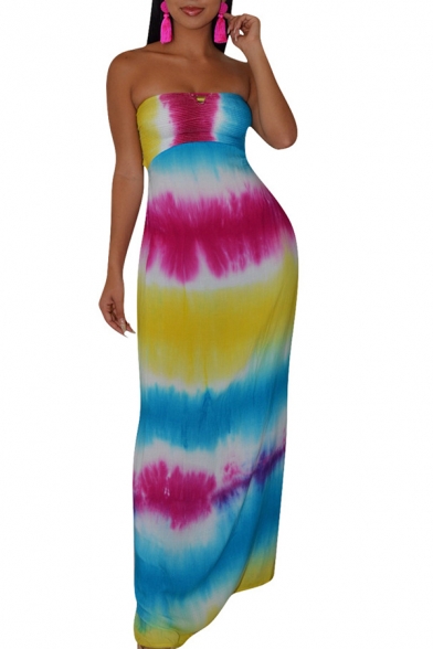 Summer Bohemian Style Fashion Tie Dye Hollow Out Back Maxi Beach Dress Bandeau Dress for Women
