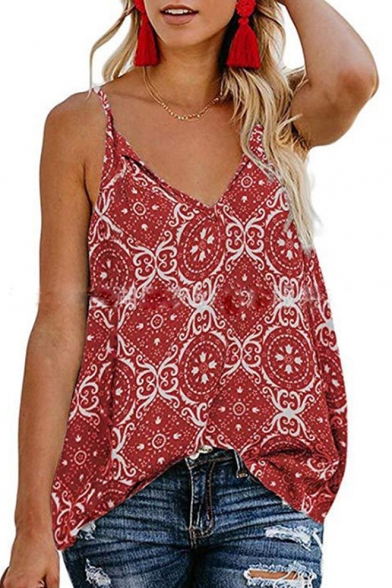 Summer Casual Loose Fancy Tribal Printed V-Neck Cami Top