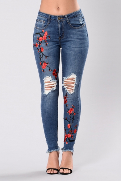 Summer Chic Floral Embroidery Distressed Ripped Fringed Hem Blue Slim Fit Jeans