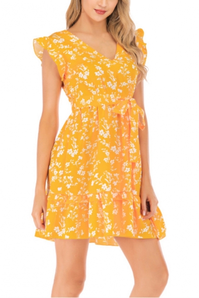 Summer Chic Yellow Floral Printed V-Neck Stringy Selvedge Bow-Tied Waist Mini A-Line Dress