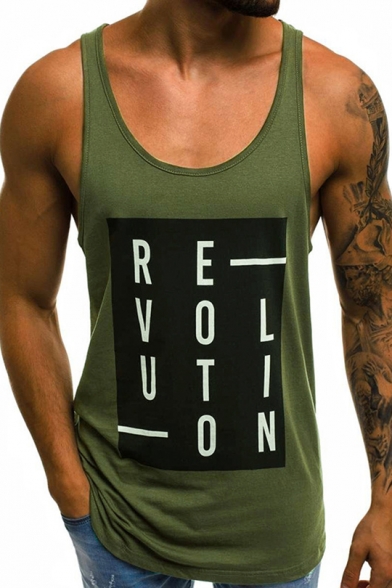 Summer Cool Simple Letter REVOLUTION Printed Scoop Neck Sleeveless Running Athletic Tank Top for Men