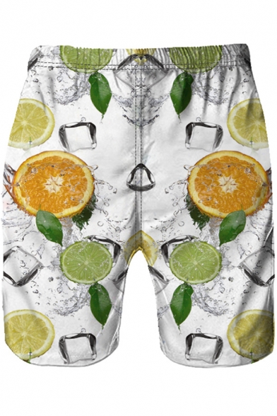 Summer Fashion Ice Lemon Pattern Casual White Beach Swim Shorts