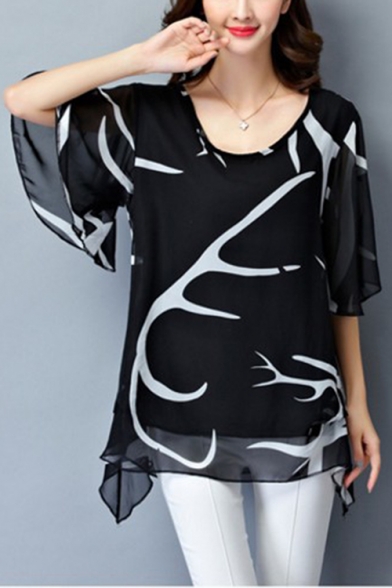 Summer Fashion Printed Round Neck Casual Loose Chiffon Top