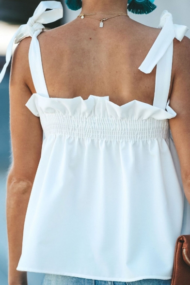 Summer Fashion Solid Color Bow-Tied Straps Ruffled Cami Top