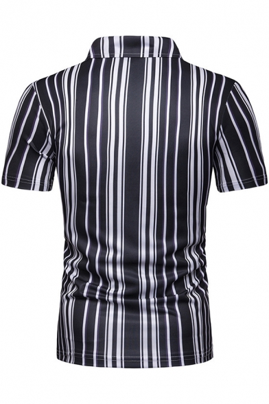 Summer Fashion Vertical Stripe Printed Short Sleeve Three-Button Front Mens Slim Polo Shirt