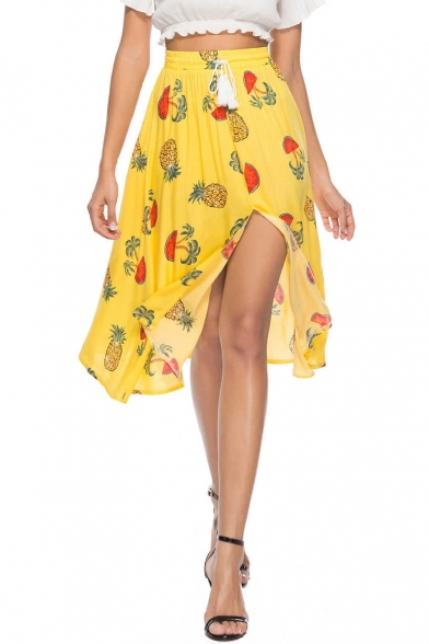 Summer Holiday Bohemian Style Floral Pineapple Printed Slit Front Flowy Beach Skirt