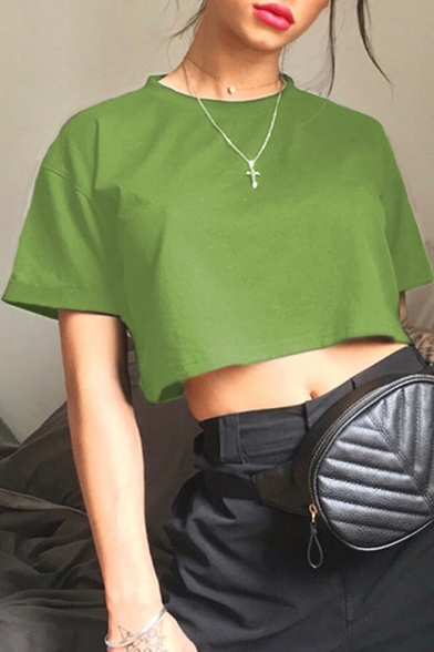Summer Hot Fashion Basic Solid Color Short Sleeve Crewneck Cropped Casual T-Shirt