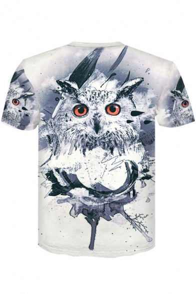 Summer Hot Popular 3D Owl Printed Basic Round Neck Short Sleeve White T-Shirt For Men