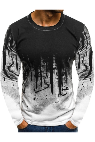 Summer Men's Fashion Fitness Ombre Camo Print Round Neck Long Sleeve Slim Fit T-Shirt