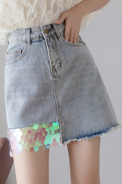 Summer New Chic Glitter Sequin Patched Hem Raw Hem Light Blue Mini A-Line Denim Skirt