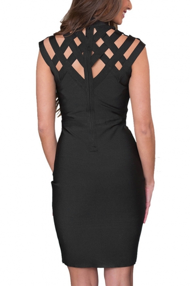 Summer Sexy Plain Hollow Out Collared Sleeveless Detail Slim Fit Mini Pencil Black Dress