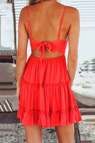 Summer New Stylish Lace Panel V-Neck Bow-Tied Open Back Mini Ruffled A-Line Slip Dress